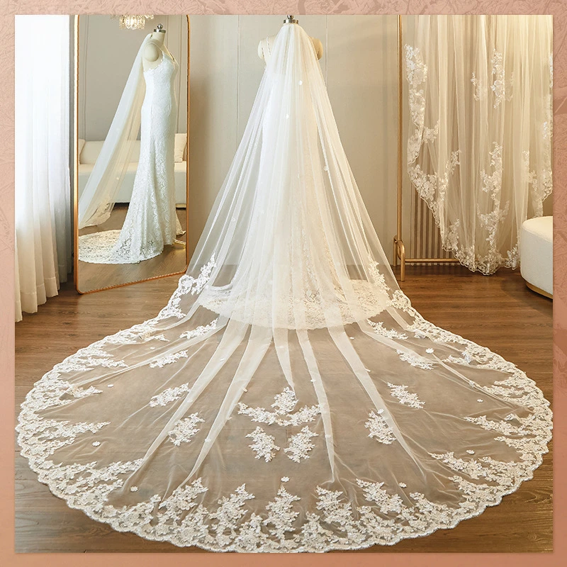 

White Off-White Ivory Lace Wedding Veil One Tier Tulle Bridal Veil Cathedral Long Veil