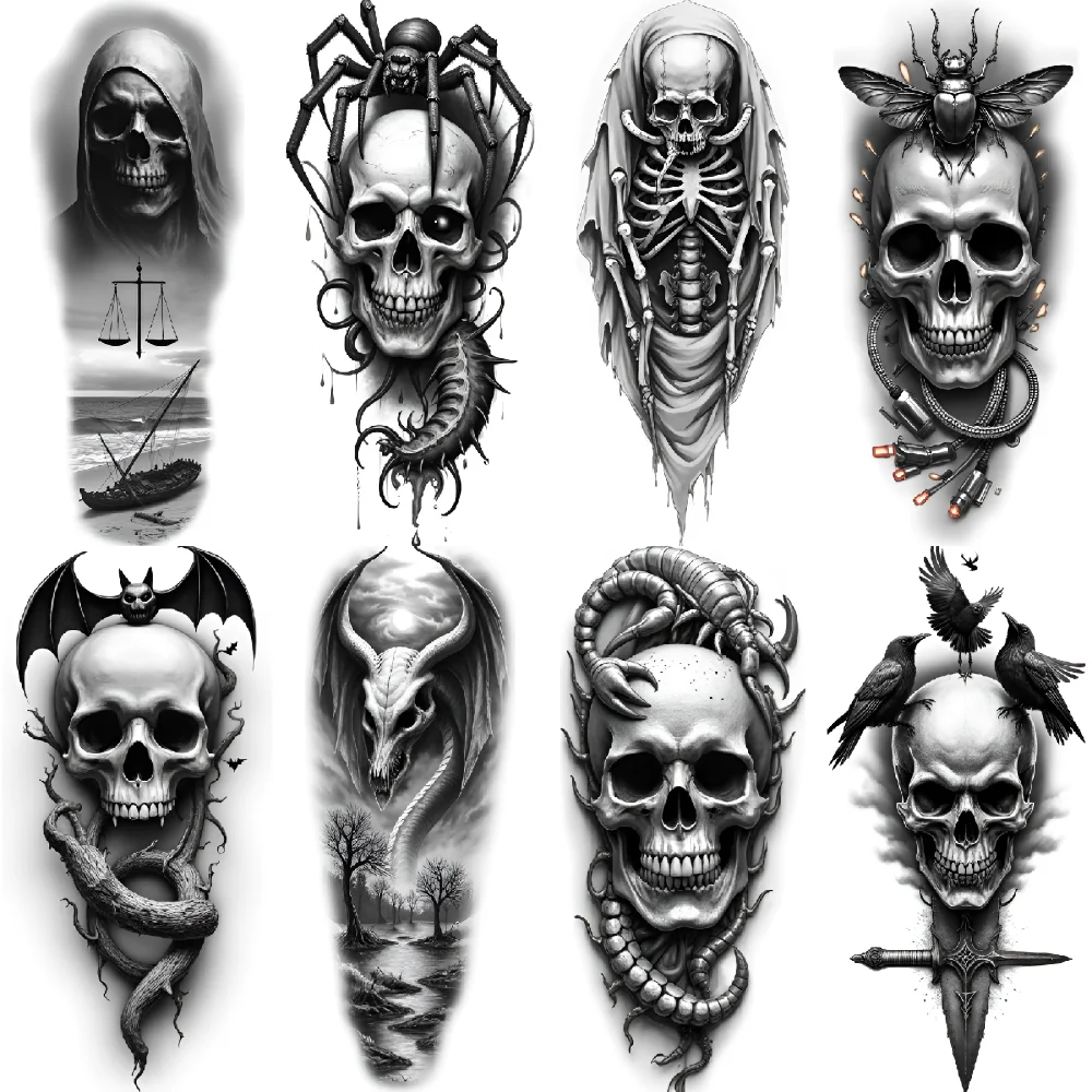 

3pcs Temporary Tattoo Realistic Temporary Tattoos Skull With Bullets Skeleton With Chains Burning Skull For Women Men