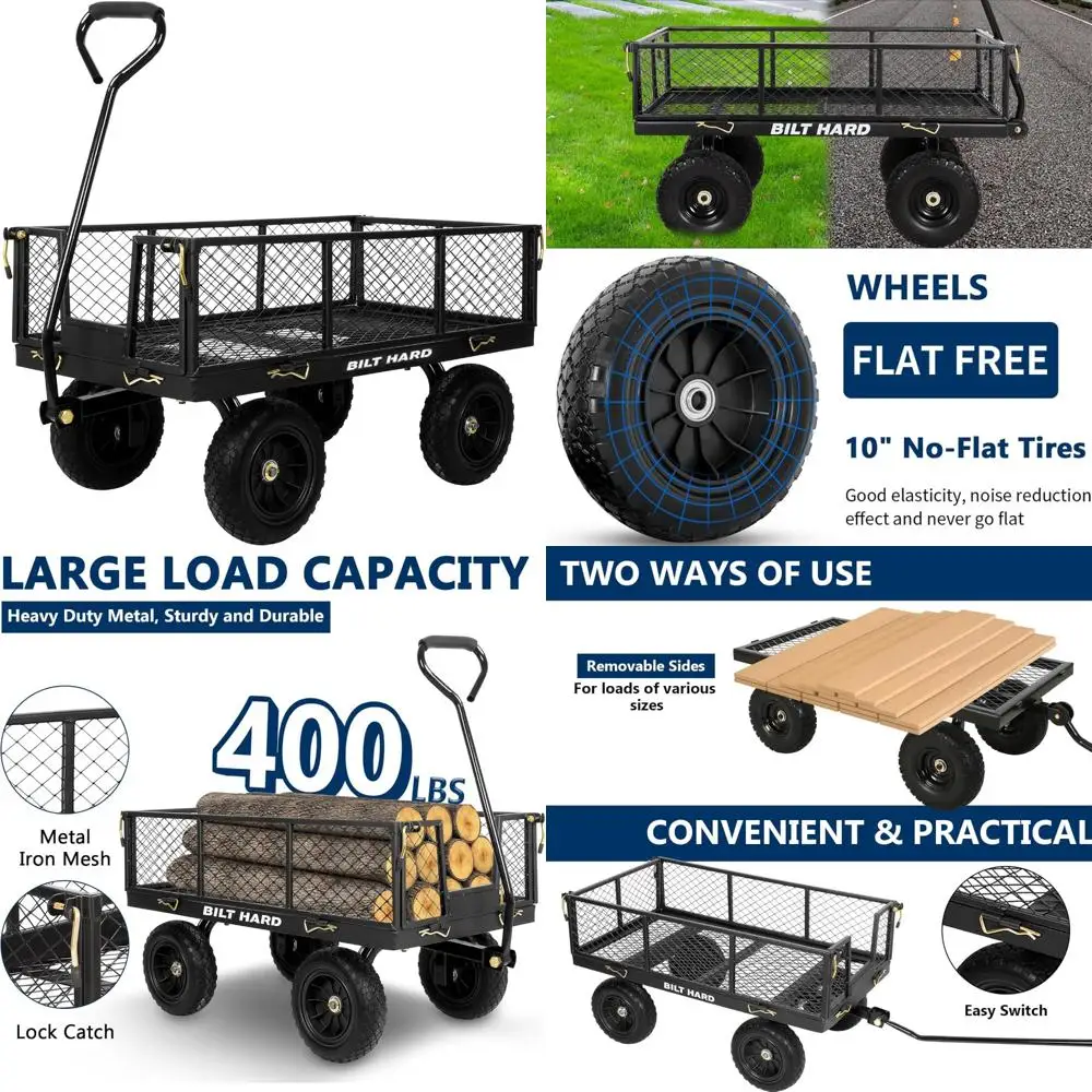عربة حديقة شديدة التحمل مع 180 °   مقبض دوار، 4 أقدام مكعبة، سعة 400 رطل، إطارات مسطحة خالية، جوانب قابلة للإزالة