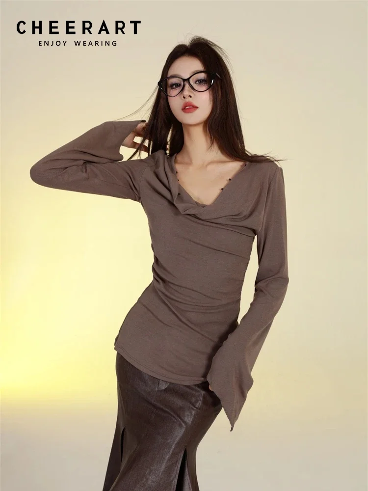 CHEERART Cowls Brown Long Sleeve Top Wool Knitted T Shirt For Women Flare Sleeve Solid Casual Top Ruched Tees Autumn Clothing