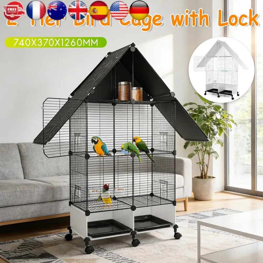 

2 Tiers House Shape Bird Cages Rolling Stand with Lock Multifunctional Wire Villa for Parrots Cockatiel Conure Parakeet Budgie ﻿