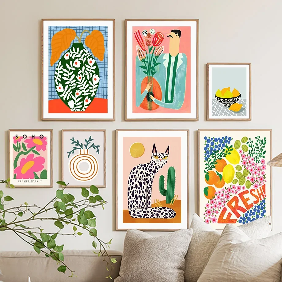 Nordic Posters Colorful Cat Cactus Lemon Orange Vase Wall Art Canvas Painting Prints Abstract Pictures Living Room Indoor Decor