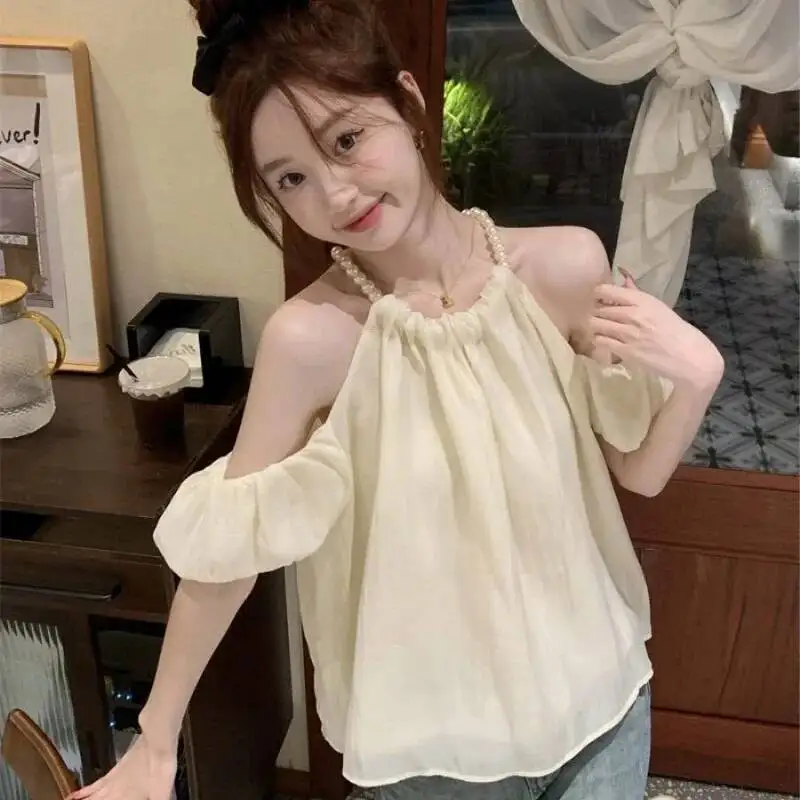 Perłowa bluzka na ramiączkach typu halter, damska, letnia, nowa, słodka, bez ramiączek, z bufiastymi rękawami, w stylu koreańskim, do biura, damska.