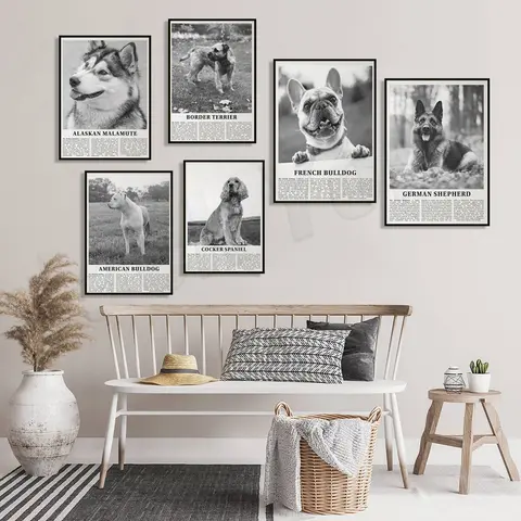 Greyhound, Cocker Spaniel, Akita, Alaskan Malamute, Australian Cattle Dog, Border Terrier, French Bulldog black and white poster