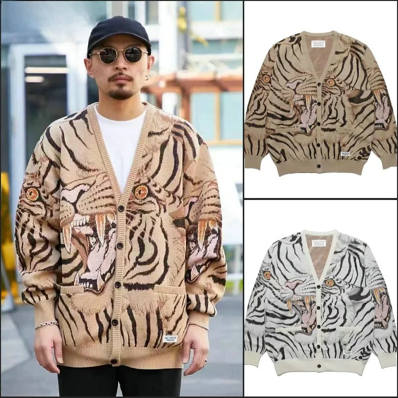

Kapital Vintage Japanese Retro Knitted V-Ne Sweater Open Cardigan Cotton Long Sve Loose Fit Casual Sle Animal Pattern