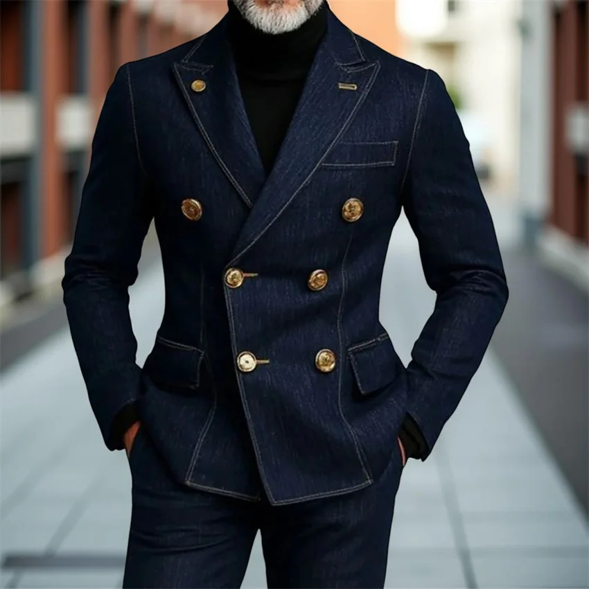 

Demin Men's Suits Double Breasted Slim Fit Casual Business Style Set Blazer with Pants Set Elegant Fashion Outfits 2 Pieces