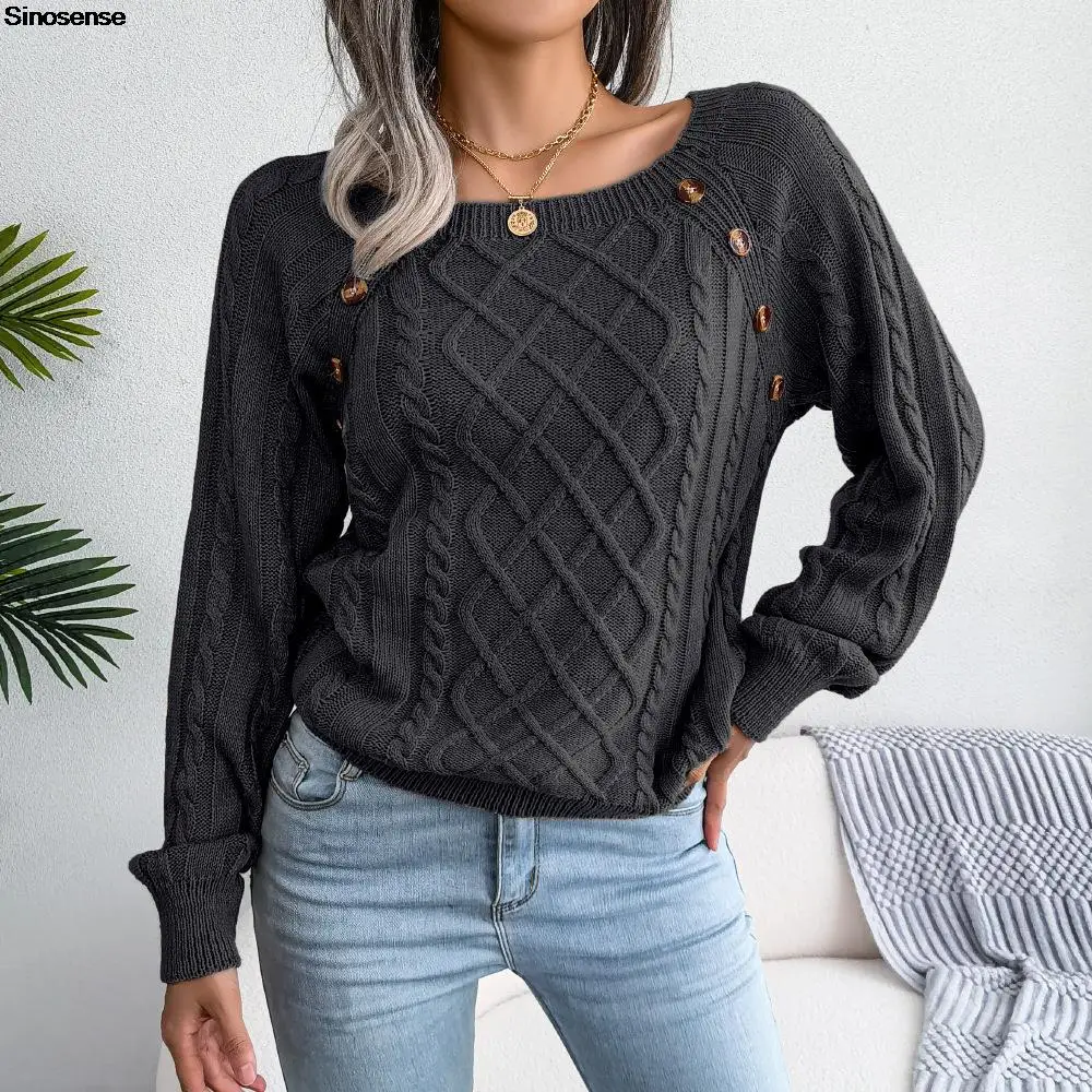 Womens Autumn Winter Cable Knit Sweater Solid Color Square Neck Buttons Long Sleeve Ribbed Knitted Pullover Loose Jumpers Tops