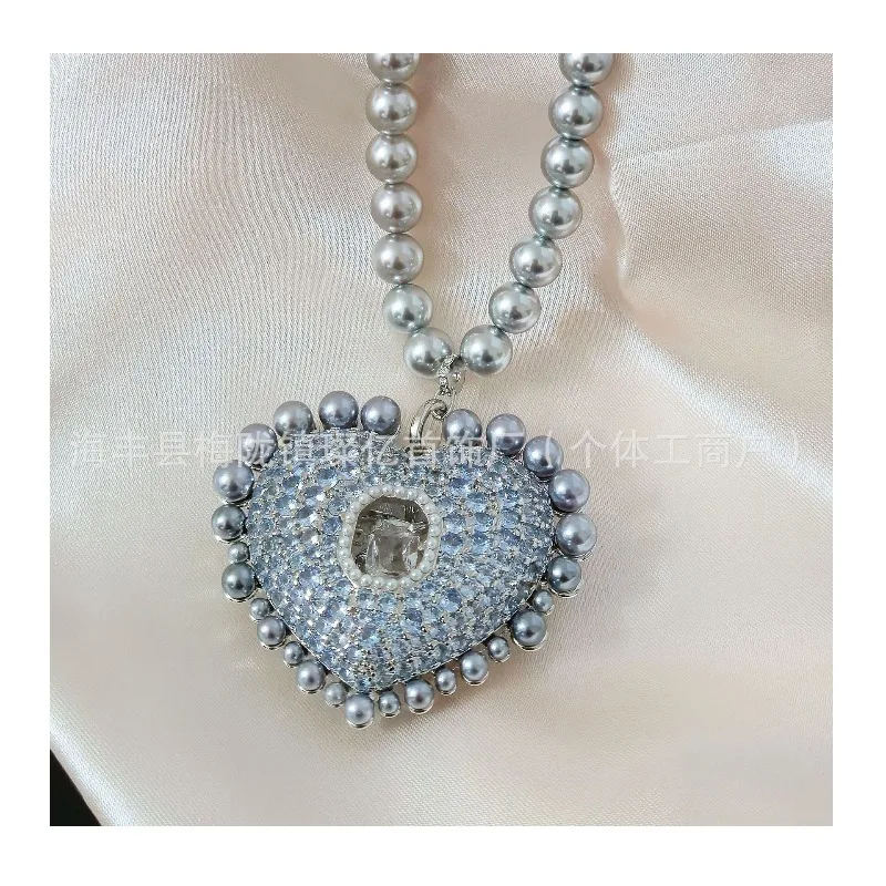 

Shijia Blue Diamond Love Pearl Necklace Beating Heart Collar Niche High-end Explosion