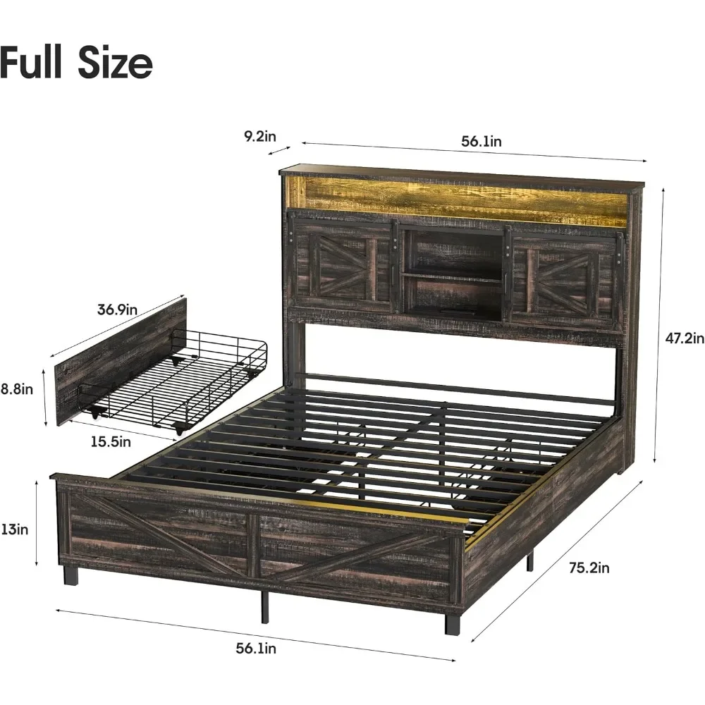 Full Size Bed Frame, 4 Drawers, Bookcase Headboard, Sliding Barn Door Storage Shelves