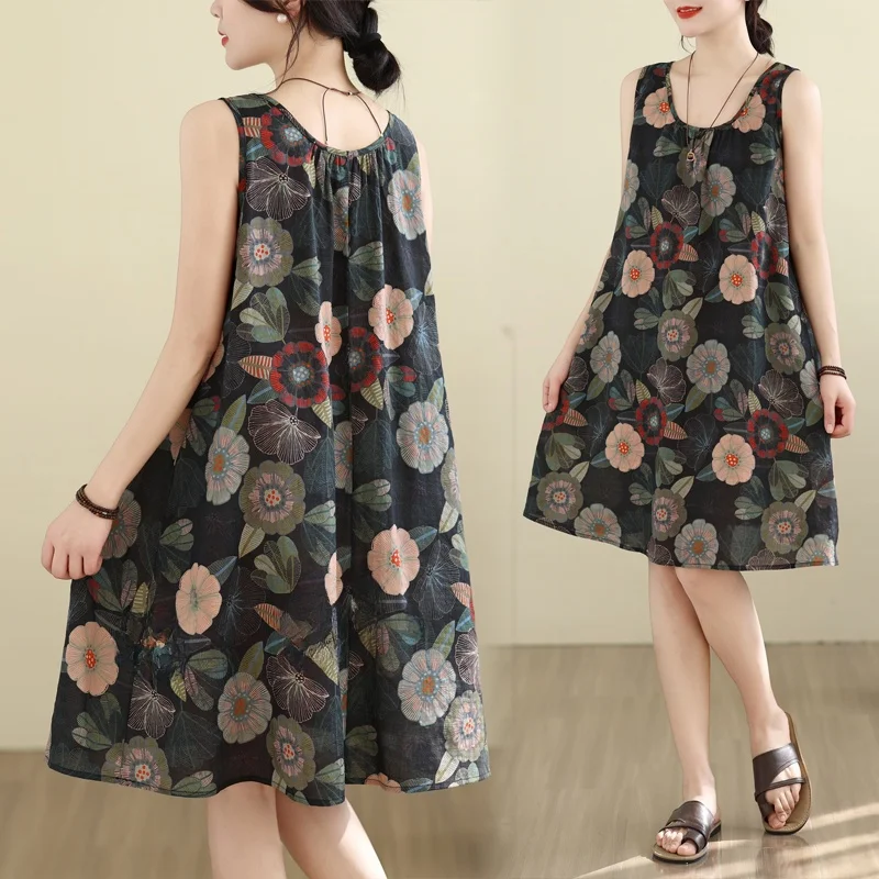 

Летнее хлопково-льняное платье А-силуэта с цветочным принтом, без рукавов, с круглым вырезом, женская одежда больших размеров, городской модный стиль