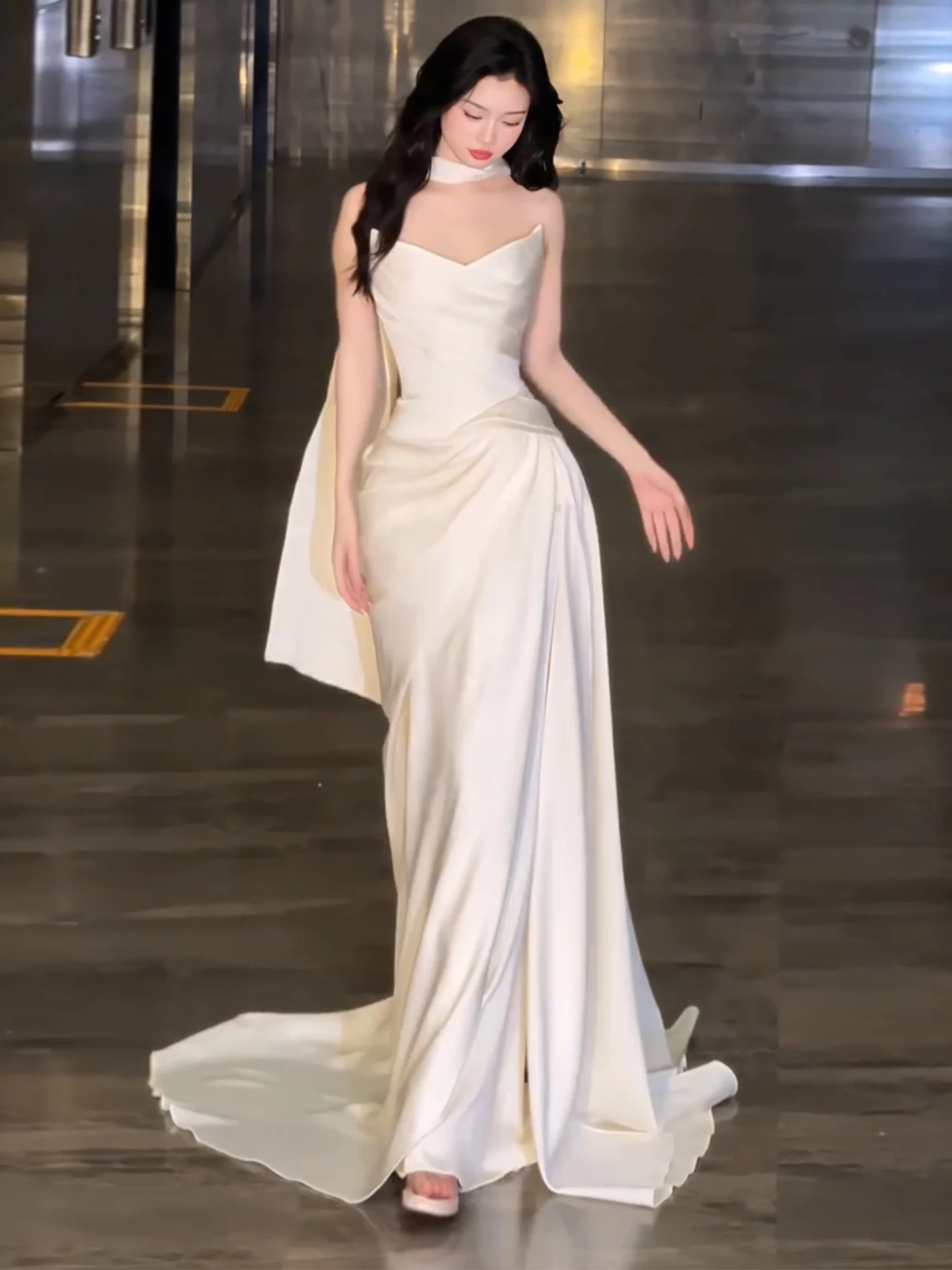 

Элегантное свадебное платье из мягкого атласа с шлейфом для свадьбы и помолвки, с завышенной талией, в корейском стиле, длинное