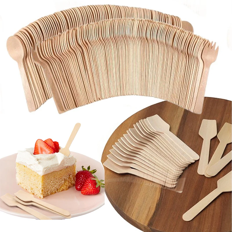 100/200pcs 10.5cm Disposable Wooden Spoon Fork Set for Party Wedding Cake Tasting Batch Practical Tableware Party Peripherals