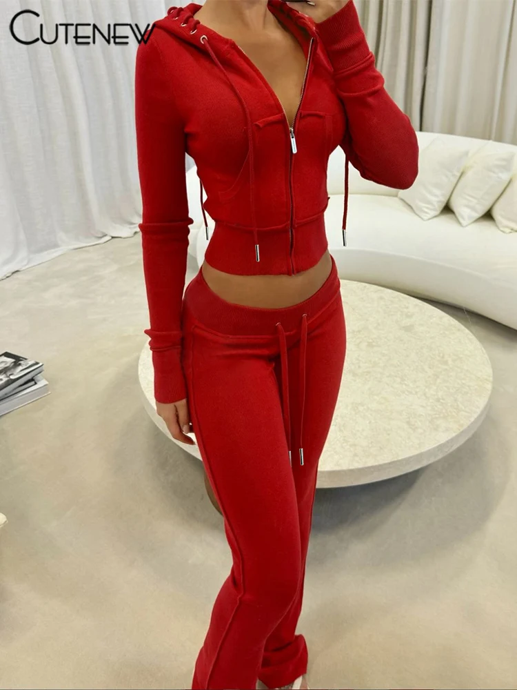 Cutenew Casual Women Track 2 Piece Set Fashion Full Sleeve Zip-up Hooded Crop Tops+High Waist Pants Female Active Basic Outfits