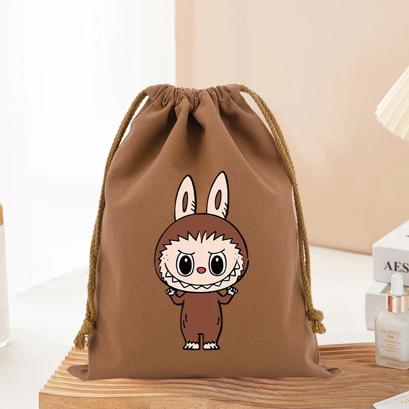 Labubu Canvas Drawstring Bag Cute Cartoon Anime Print Bags for Candy Gift Package Color Reusable Children's Toy Storage Handbags