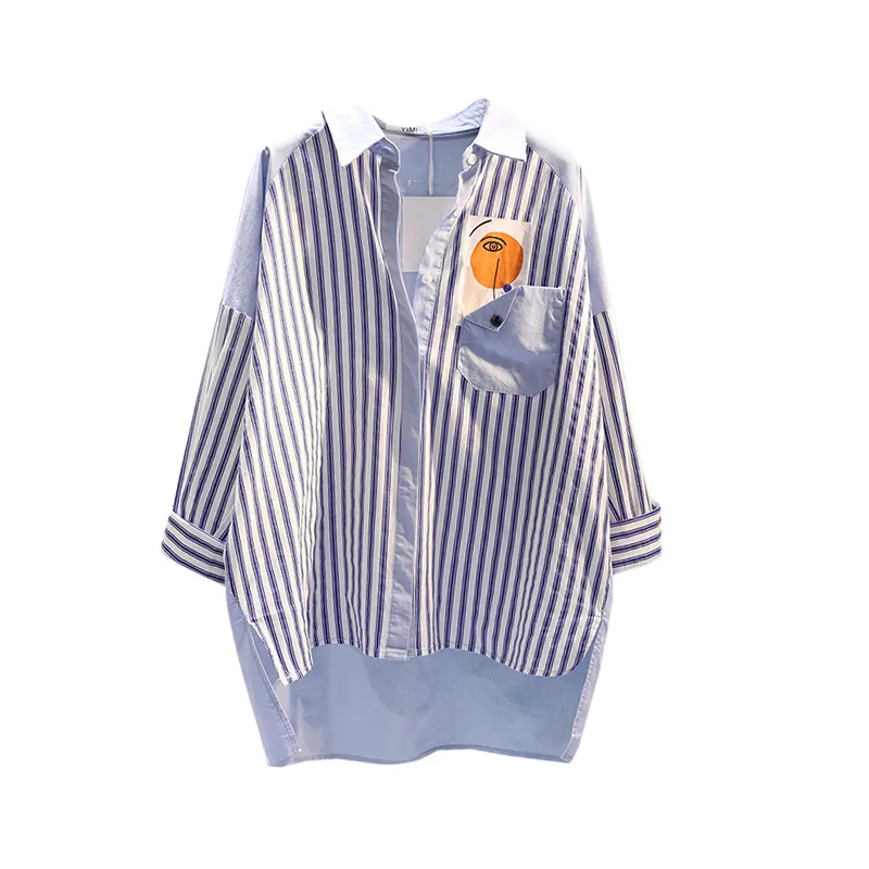 Spring And Autumn New Korean Fashion Blue Vertical Stripe Color Matching Single Pocket Casual MiddleLong Shirt Women's Dress