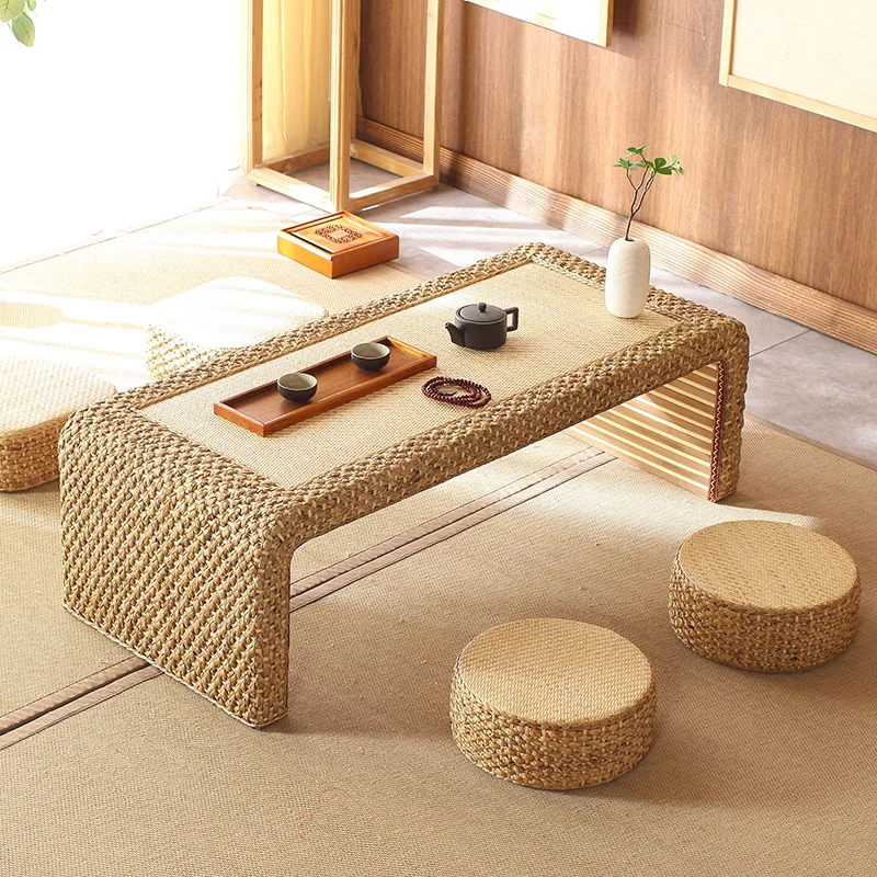 Handwoven Grass Tatami Table Japanese Minimalist Bedroom Desk Zen Coffee Stand Rustic Handmade
