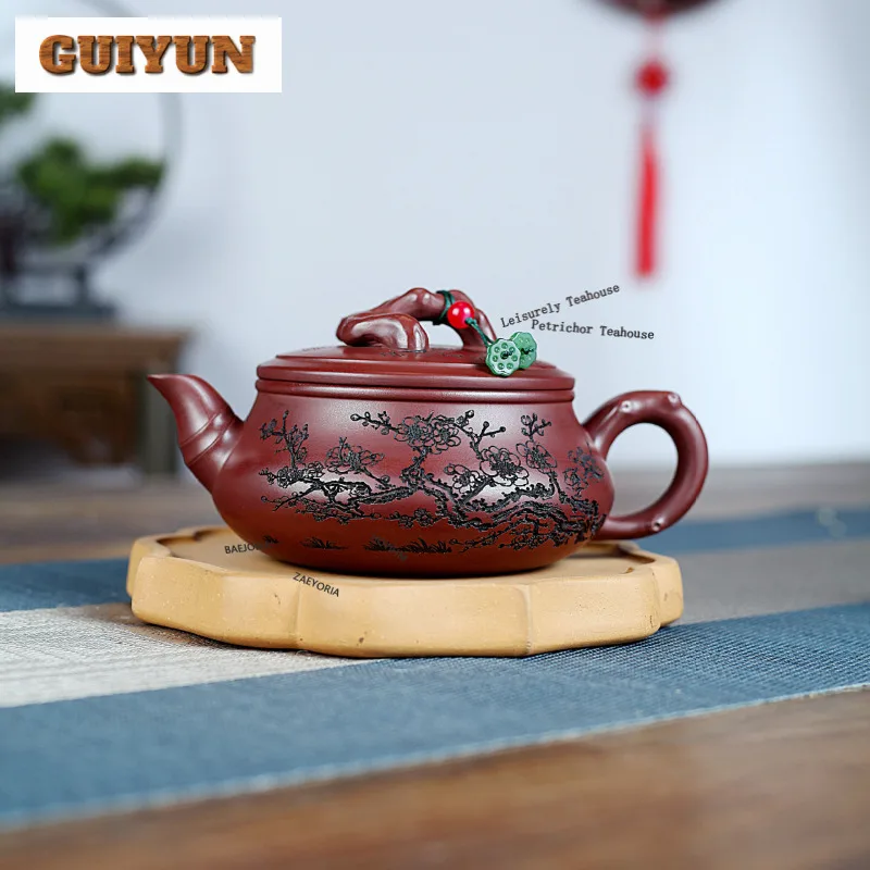 350ml Luxury Yixing Purple Clay Teapots Handmade Flat Drum Pot Raw Ore Dragon's Blood Sand Mud Kettle With Infuser Zisha Tea Set