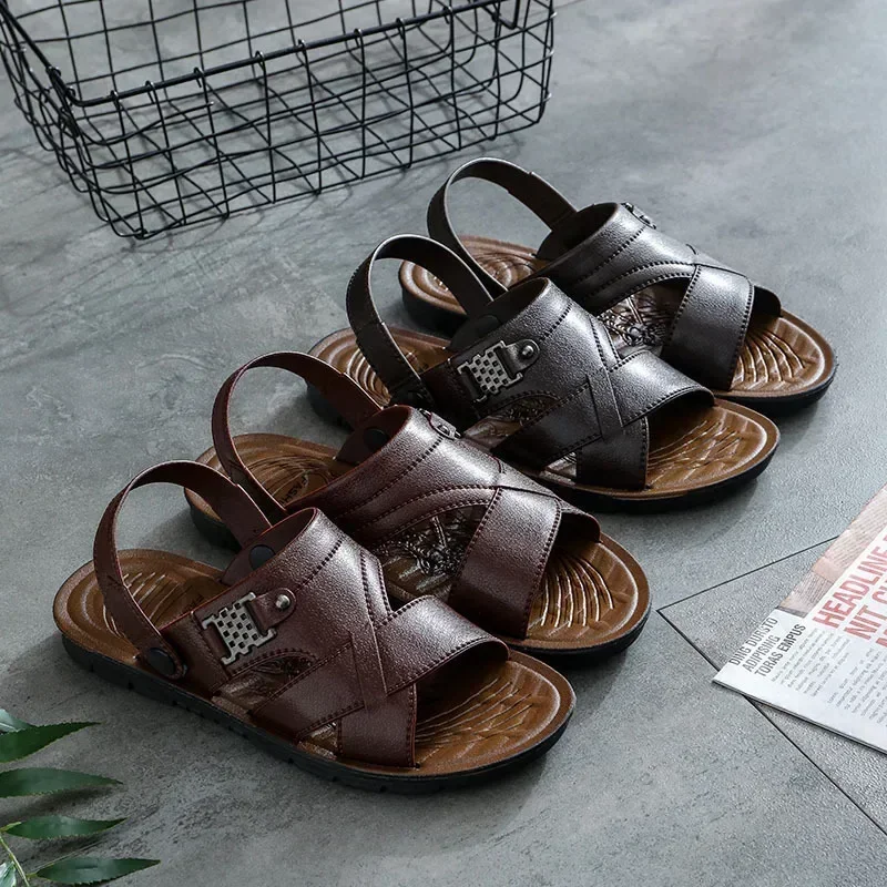 Size 45 Vintage PVC Sandals for Men, Dual Purpose Slippers Summer Imitation Leather Men's Sandals Middle-aged Beach Shoes