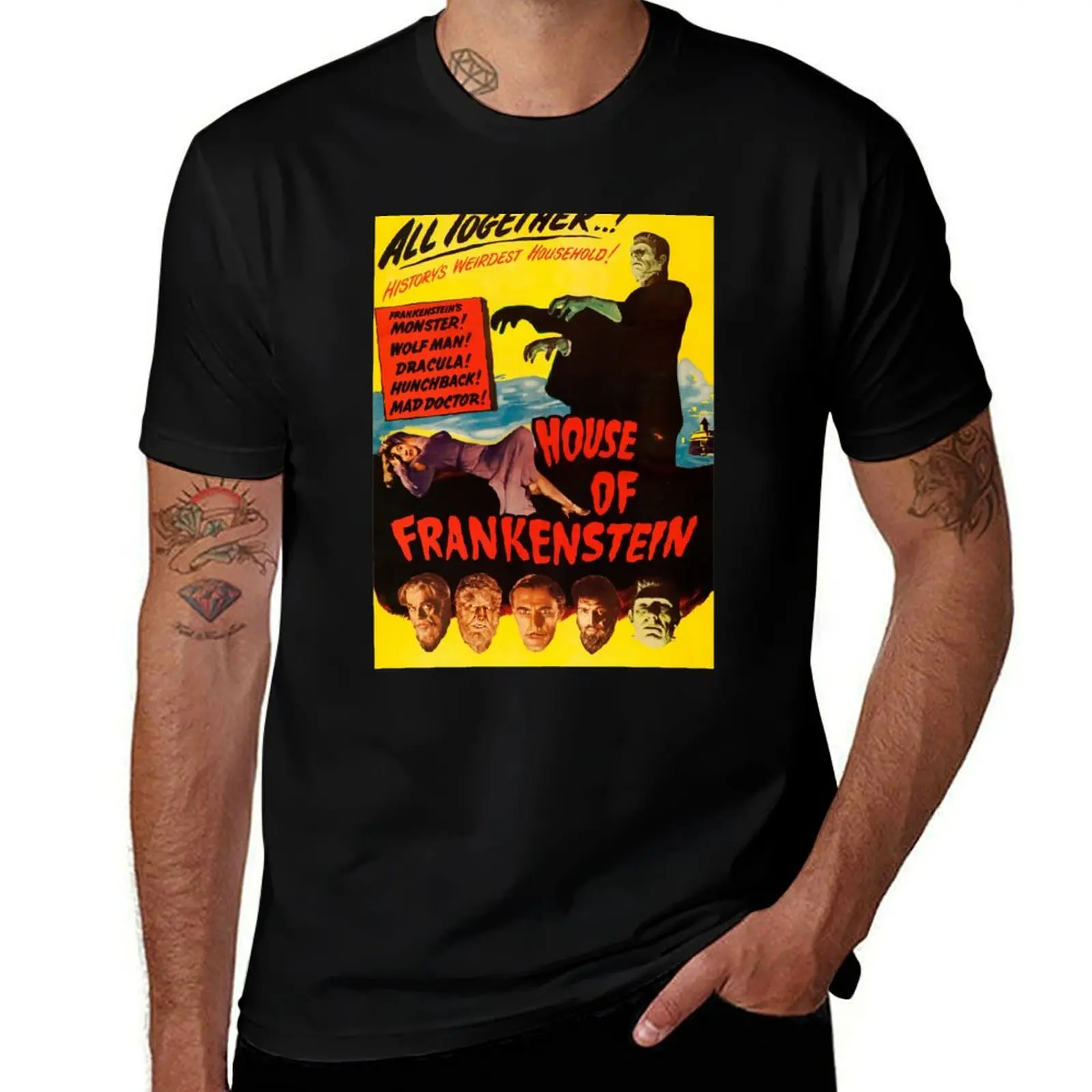

House of Frankenstein Wolfman Dracula Vintage Horror Movie Poster T-Shirt man t shirt designer man t shirts cotton