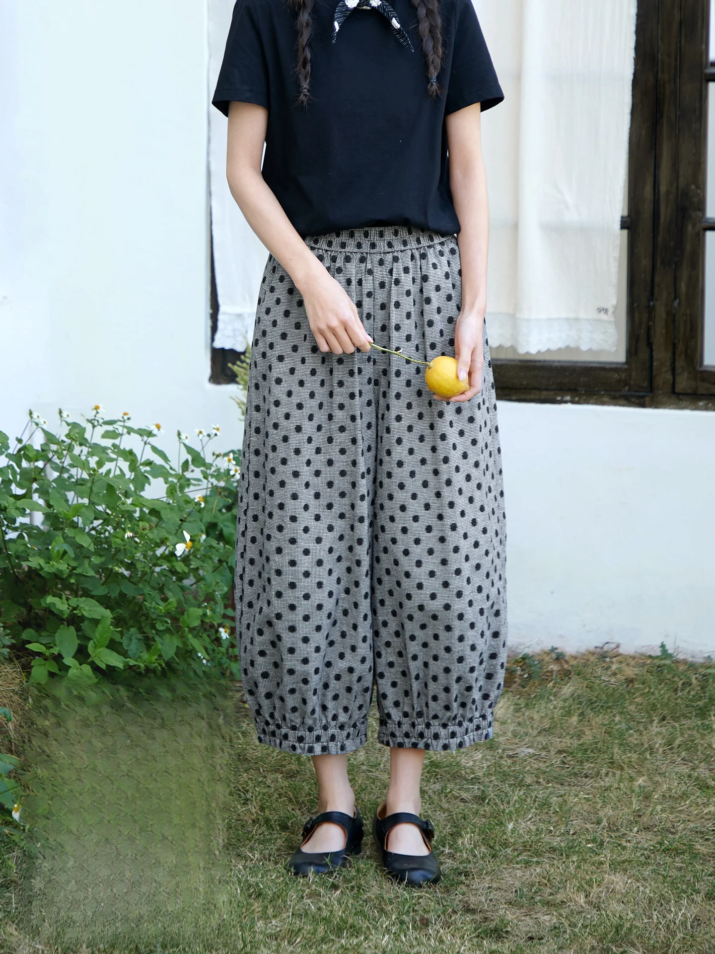 

Japanese Style Polka Dot Mixed Cotton Linen Wide Leg Lantern Pants Women's Summer Elastic Waist Loose Fit Nine Point Pants