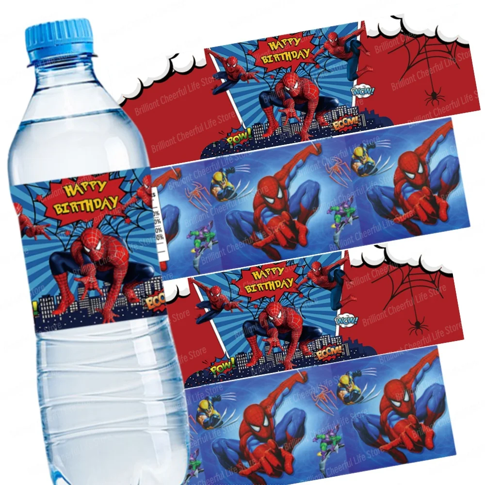 10/20/30 pezzi Spiderman etichetta bottiglia d'acqua decorazione di compleanno forniture per feste adesivi supereroi impermeabili per ragazzi baby shower