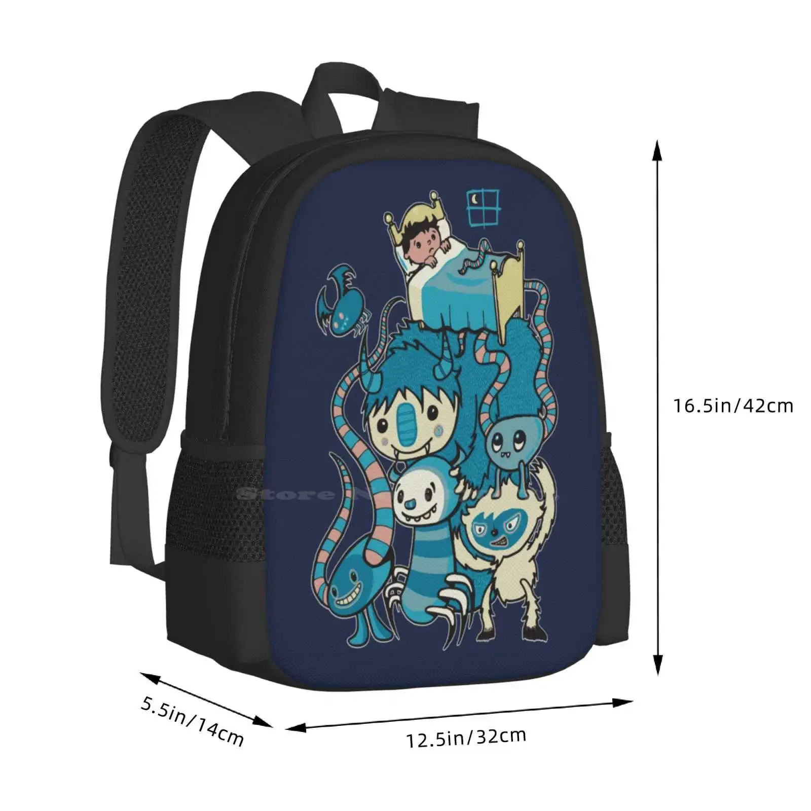 The Under My Bed Pattern Design Bag Student'S Backpack Monsters Beasts Creatures Under The Bed Go Bump Night Bed Time Adorable