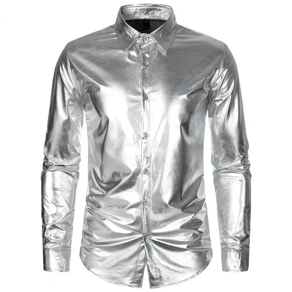 

Silver Metallic Sequins Shirt 70's Disco Party Halloween Costume Chemise Homme Stage Performance Shirt Male ropa hombre