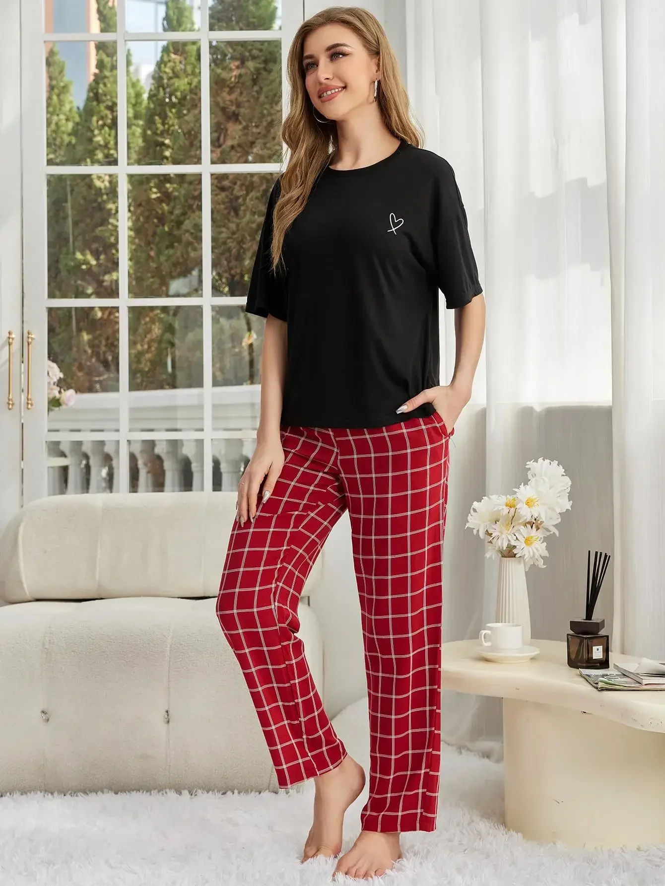 Heart Print Women Pajama Sets Short Sleeves Top & Full-Length Plaid Pants Female 2 Pieces Sleepwear Atumn Spring Fall Homwear