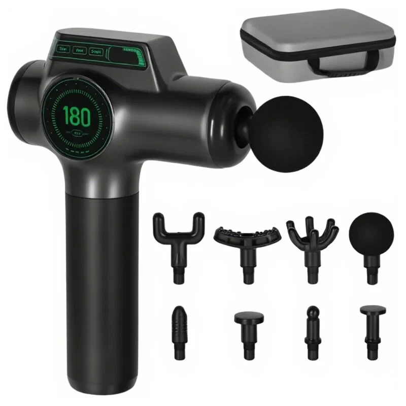 

Портативный массажный пистолет с 99 регулируемыми скоростями и 8 насадками для восстановления мышц шеи, плеч и тела