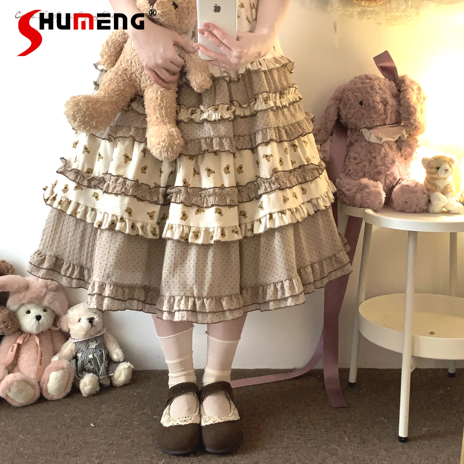 Japanese Style Harajuku Sweet Lolita Skirt Women Kawaii Bear Print Ruffles Party Skirt Y2k Aesthetic Female Elegant Cotton Skirt