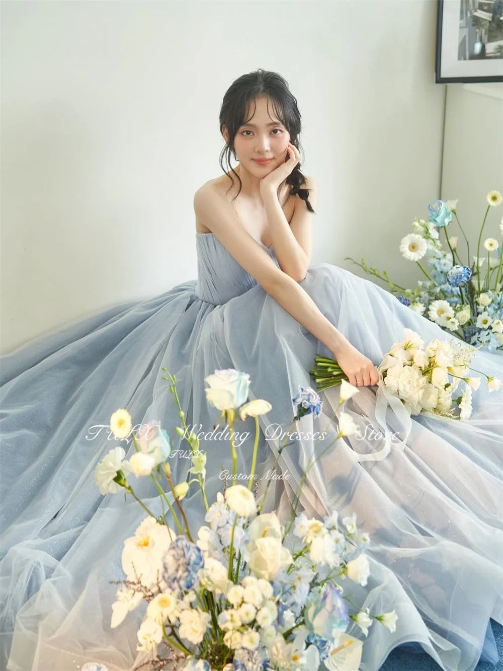 TULX fée robe de soirée en Tulle scintillant corée séance Photo de mariage bleu chérie plissée longue robe de soirée de mariée Corset personnalisé