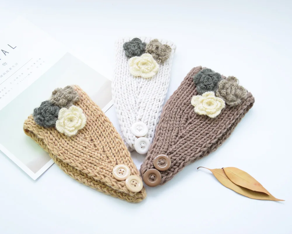 Elegant Sweet Three Flowers Wool Knitting Headband With Button Women Knit Hair Bands Wide Turban Hair Accessories Headdress