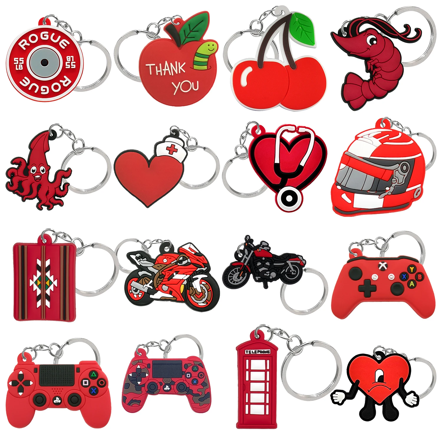 1pcs PVC Red Keychain Gamepad Motorbikes Key Ring Apple Pears Heart Key Holder for Kids Gift Car Keys Accessories