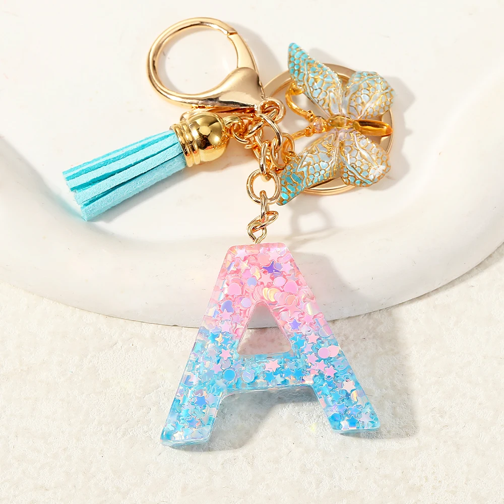 A-Z Blue And Pinks Colors 26 Capital Letter Tassel Butterfly Charms Keychains Cute Initial Keyrings Bag Decoration