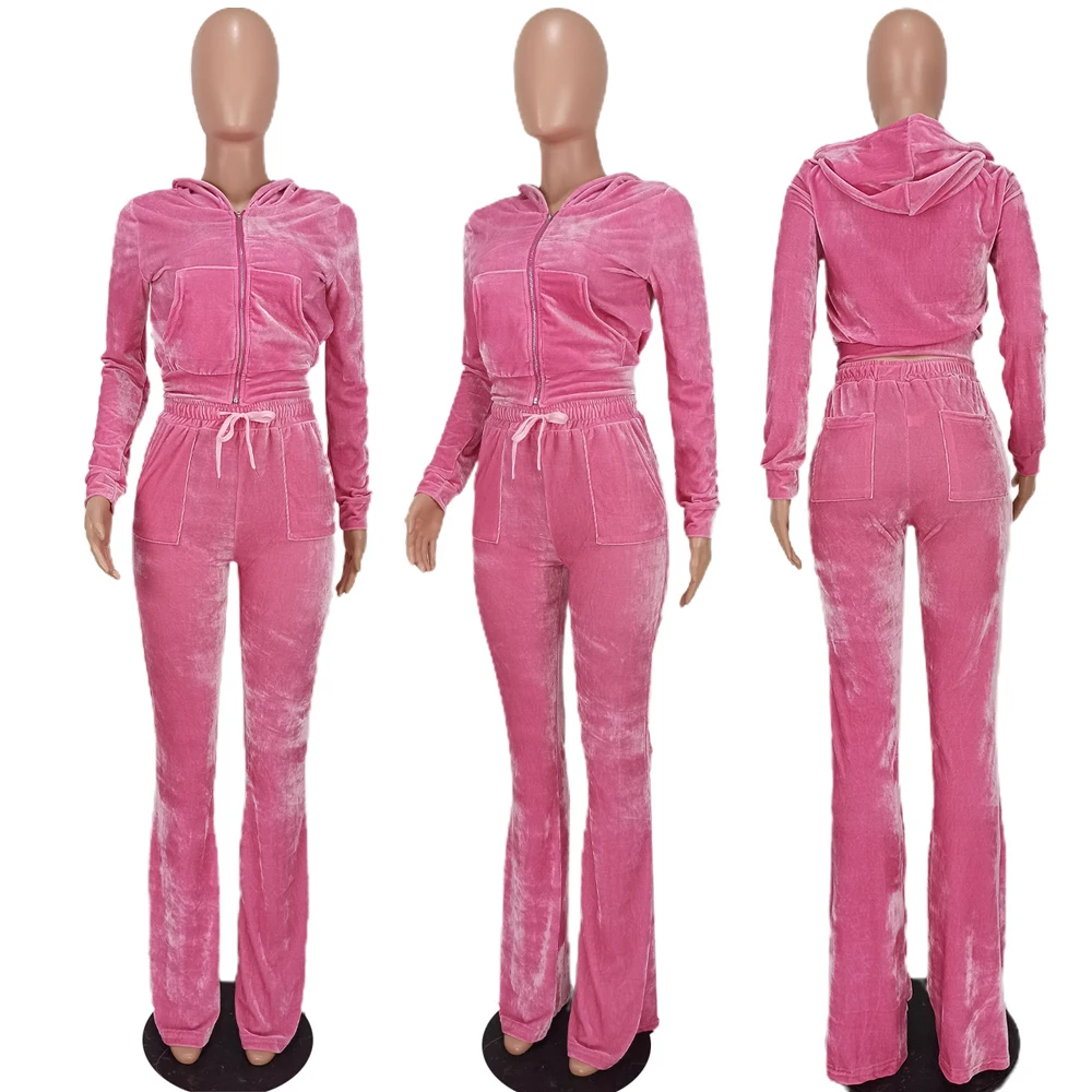 JENYAGE Damen Y2K Einfarbiger Velours Zweiteiler Trainingsanzug mit Reißverschluss-Kapuzenjacke und ausgestellter Hose mit Kordelzug, lässiger Jogginganzug – Detail 20