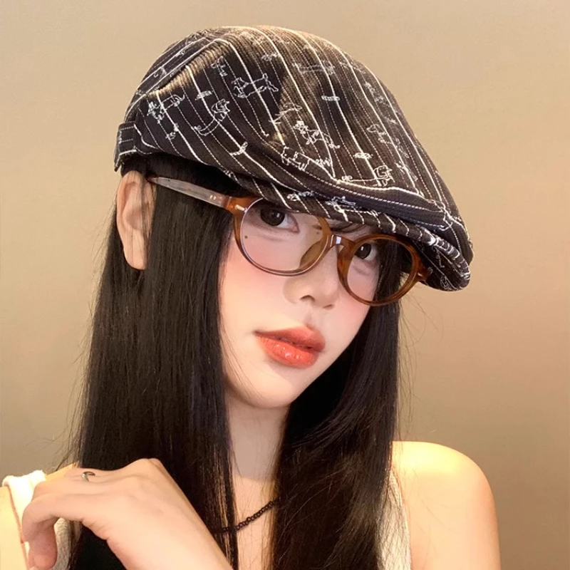 

Japanese Retro Color Matching Striped Cartoon Printed Berets Cap for Men and Women Summer Thin Sunscreen Casual Forward Hats
