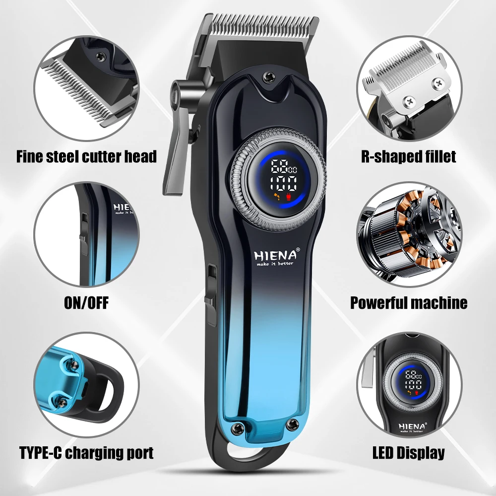 hiena Electric Hair Clippers for Men Professional Cordless Barber Clippers Rechargeable Beard Trimmer LED Display Trimmer