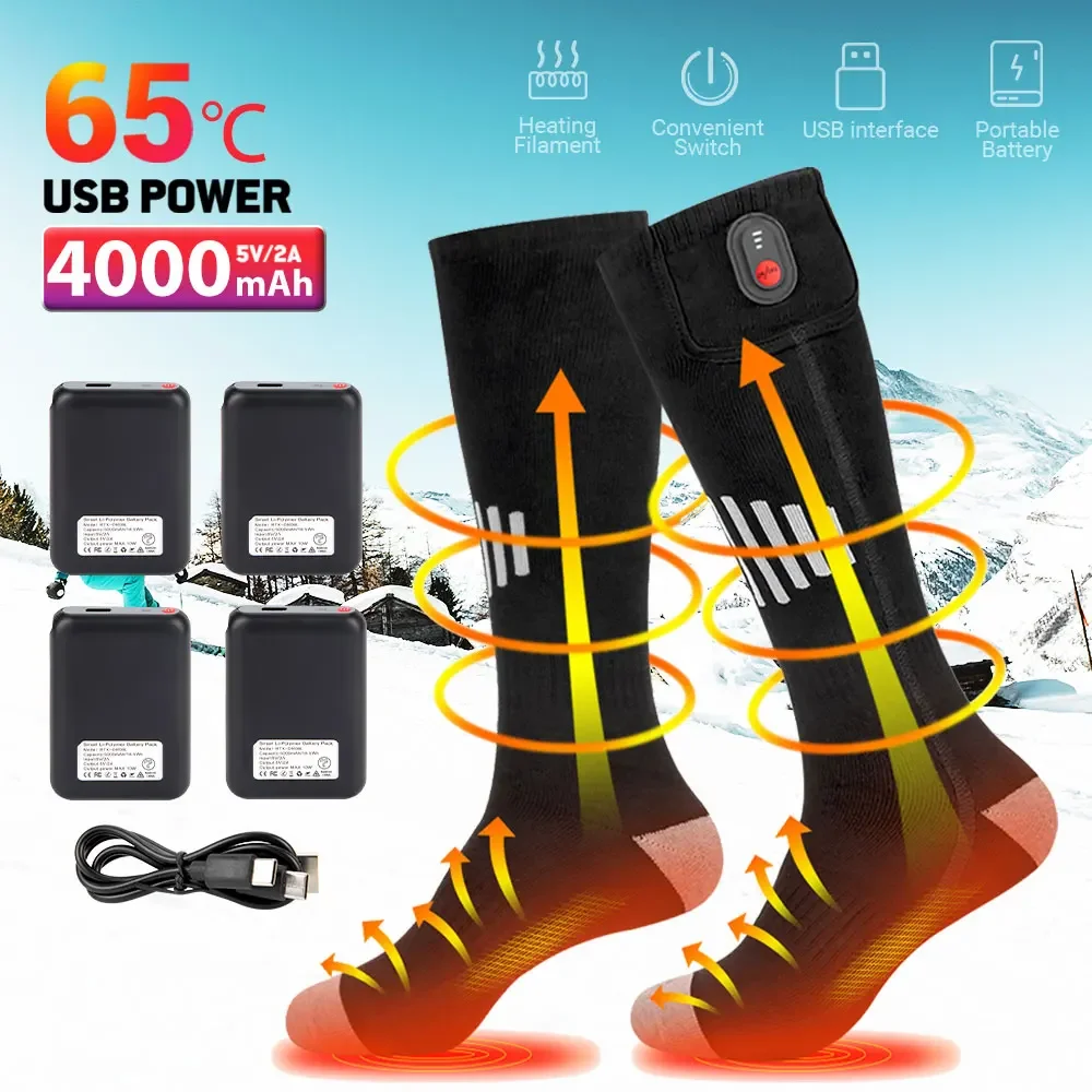 65℃ Heated Socks 5000mAh USB Rechargeable Heated Boots Outdoor Snowmobile Ski Socks Winter Heated Socks Stay Warm