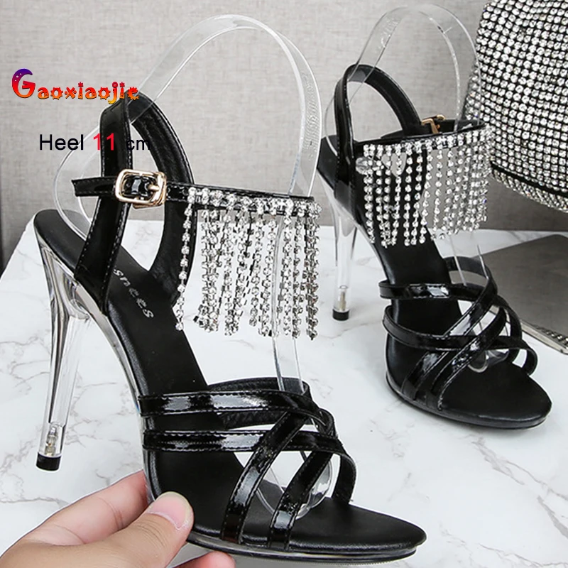 

Модные пикантные черные женские туфли на высоком каблуке 11 см, женские туфли-лодочки из искусственной кожи на тонком каблуке с перекрестной пряжкой и ремешком, сандалии с острым носком, вечерние туфли