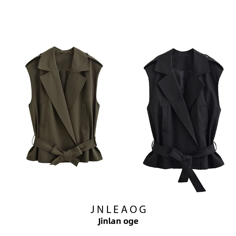 سترة نسائية JNLEAOG أنيقة للخريف جديدة بحزام وياقة مصممة للتنقل من ألياف البوليستر بطول منتظم