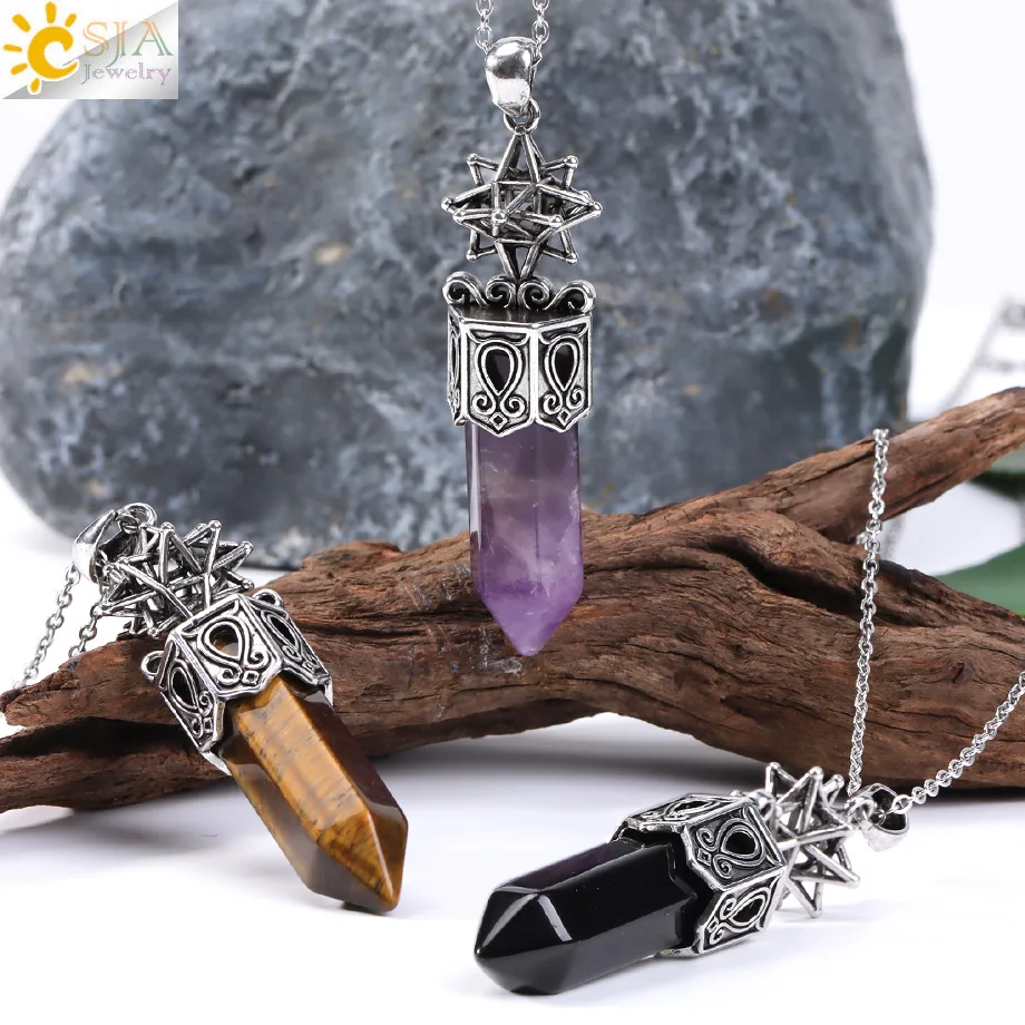 CSJA Naturstein Halskette Anhänger Kristall für Frauen Männer Weißer Kristall Amethysten Fluorit Rosenquarz Schmuck Zubehör H695