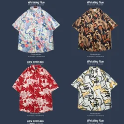 2024 Summer floral blouse short sleeved loose korean shirt for boys and boys, ruffled and handsome top, Hawaii vacation shirt