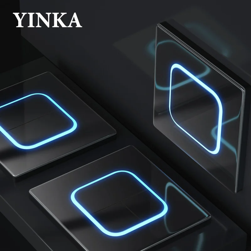 YINKA Tempered Glass Panel Acrylic Button Black Wall Socket Light Switch 1 2 3 4 Gang/1 2 Way LED Indicator Lights 86mm*90mm