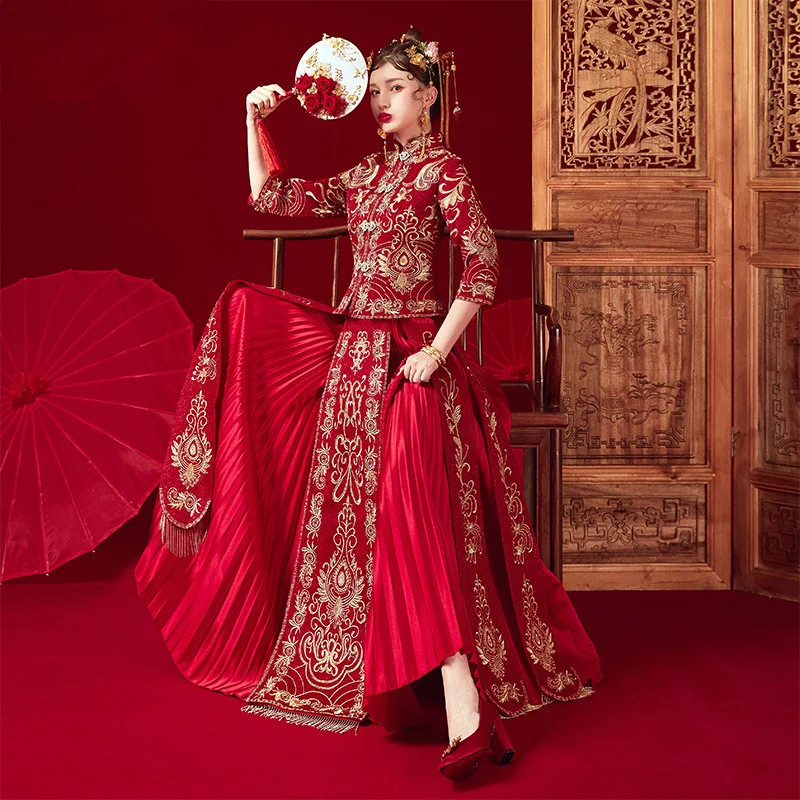 Vestido de casamento estilo chinês, Vestidos de casamento vermelhos, Vestido nupcial Xiuhe, Celebração do casamento e brinde, Novo, 2022