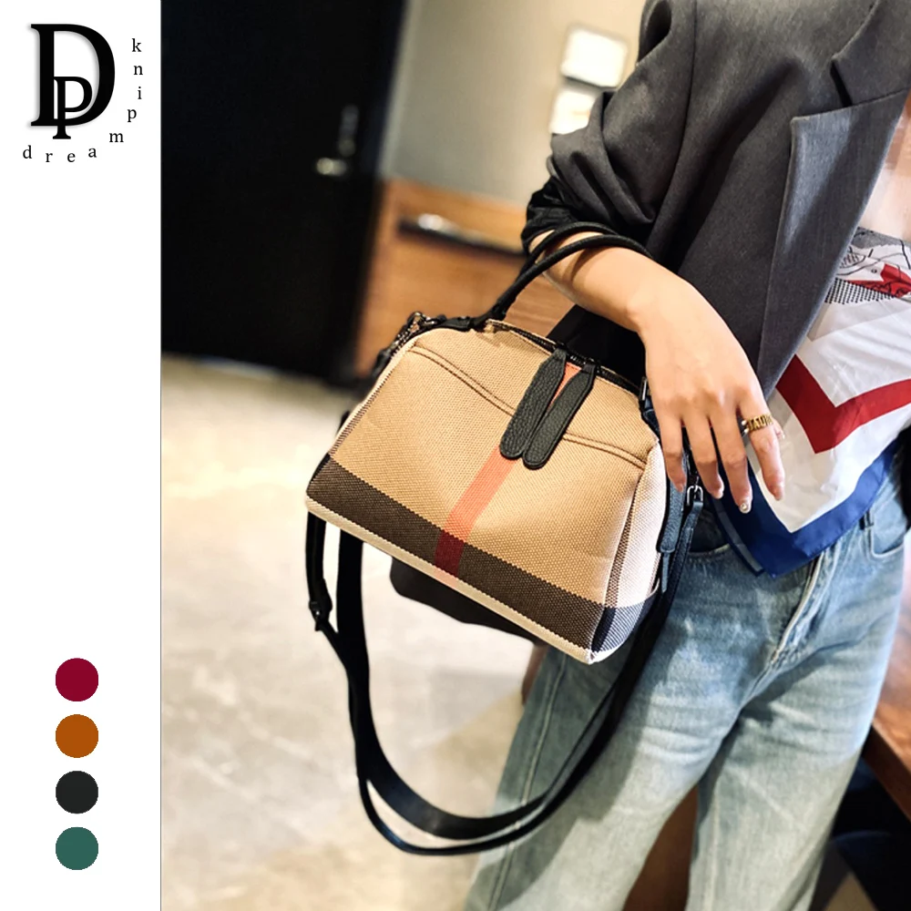 

High Quality Plaid Canvas Women Shoulder Bag Luxury Retro Genuine Leather Female Boston Handbag Large Capacity Lady Crossbody