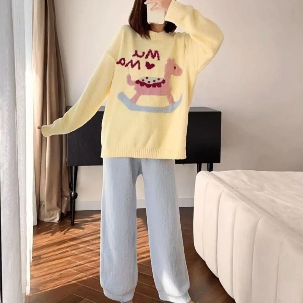 

Casual Horse Fleece Pajamas Set Long Sleeve Duck Rabbit Cartoon Pajamas Suit Kawaii Loose Thicken Warm Sleepwear Women