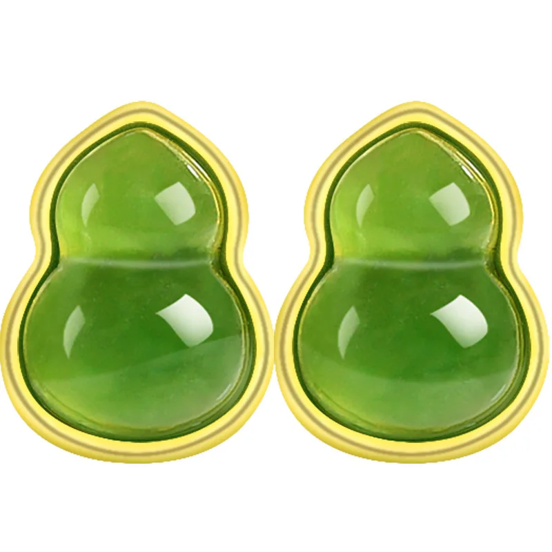 Spinach Green Natural Old Material Hetian Jade Gourd Earrings Women, S925 Silver Inlaid With Jadeite
