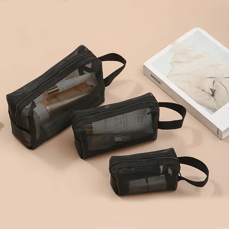 1PCS Women Black Nylon Mesh Cosmetic Bag Transparent Travel Toiletries Storage Pouch Wash Bag for Cosmetic Storage Case