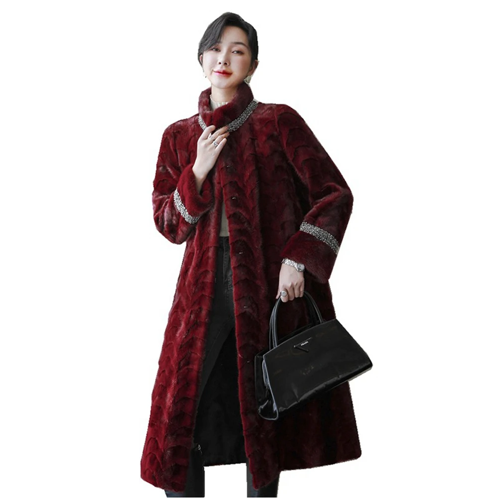 110CM Luxury Piece Mink Fur Coat Autumn Winter Women Warm Outerwear Overcoat LF2329JY