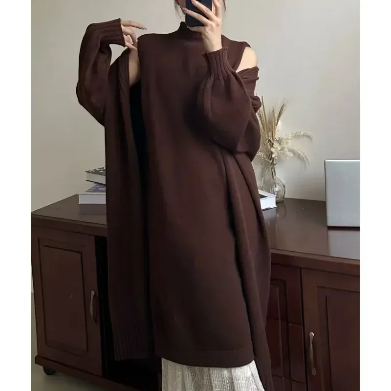 Suéter informal para mujer, conjunto de dos piezas, versión coreana de otoño e invierno, chaleco de cuello alto, falda, cárdigan de punto holgado, 2024